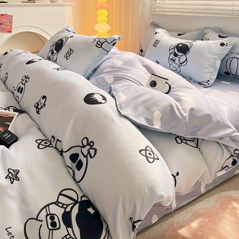 JazzHer Ins Cartoon Rabbit Duvet Cover Set Soft Blue Flat Sheet Quilt Cover Pillowcase Bed Linen Twin Queen Full Size Floral Bedding Set