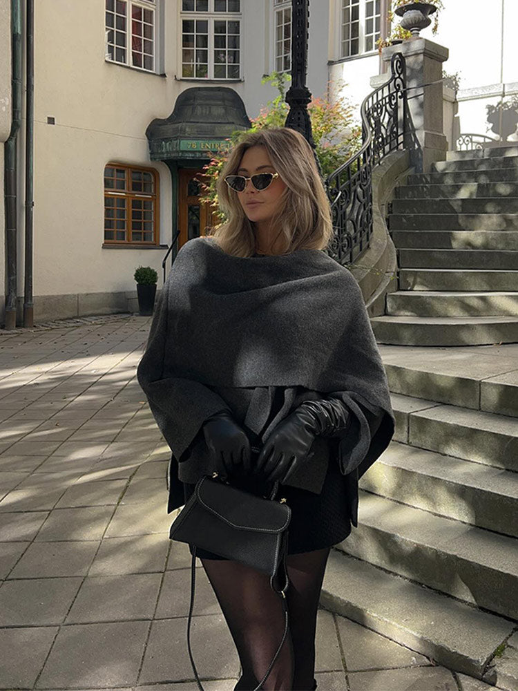 JazzHer Women's Solid Elegant Scarf Collar Loose Short Coat Fashion One Button Side Slit Full Sleeved Jackets 2024 Autumn Ladies Outwear
