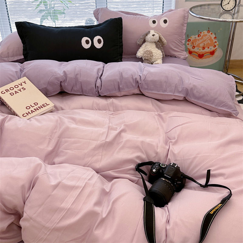 JazzHer Ins Purple Black Big Eye Solid Color Bedding Set Girls Boys Double Size Flat Sheet Duvet Cover Pillowcase Bed Linen Home Textile