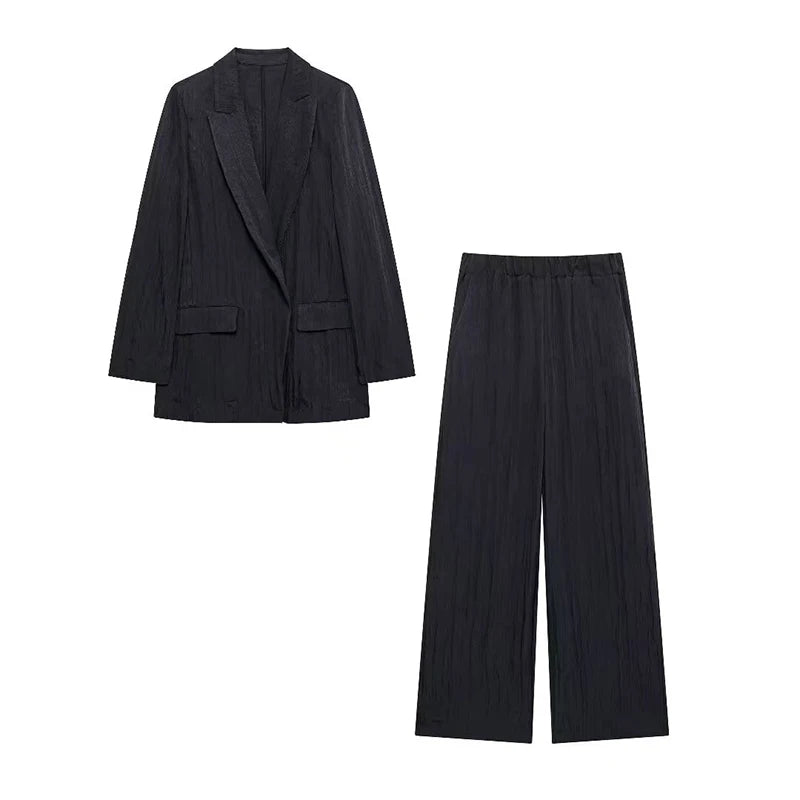 thanksgiving outfit JazzHer Elegant Pleated Solid Pants Set Women Loose Long Sleeve V-neck Button Blazers Wide Leg Trousers 2024 Autumn Street Lady Outfit