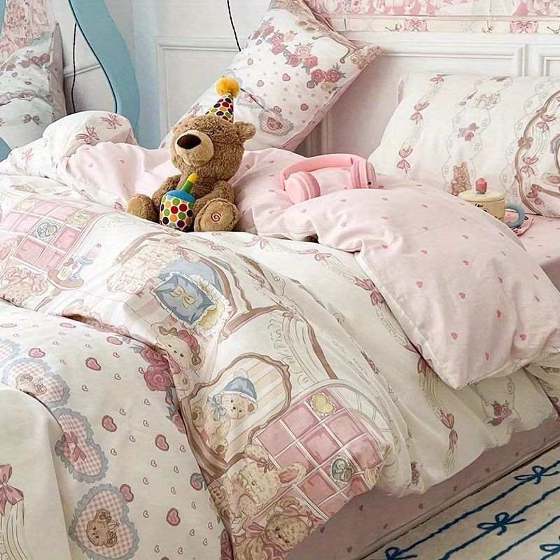 JazzHer Cute Kids Bedding Set Rabbit Dinosaur No Filler Single Queen Size Duvet Cover Flat Sheet Pillowcase Girls Boys Comforter Duvet