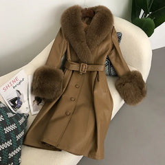 cold weather outfits JazzHer 2024 New Women's Leather Jacket With Fox Fur Collar Long Fashionable Elegant Waist-Fitted Sheepskin Overcoat For Autumn/Winter