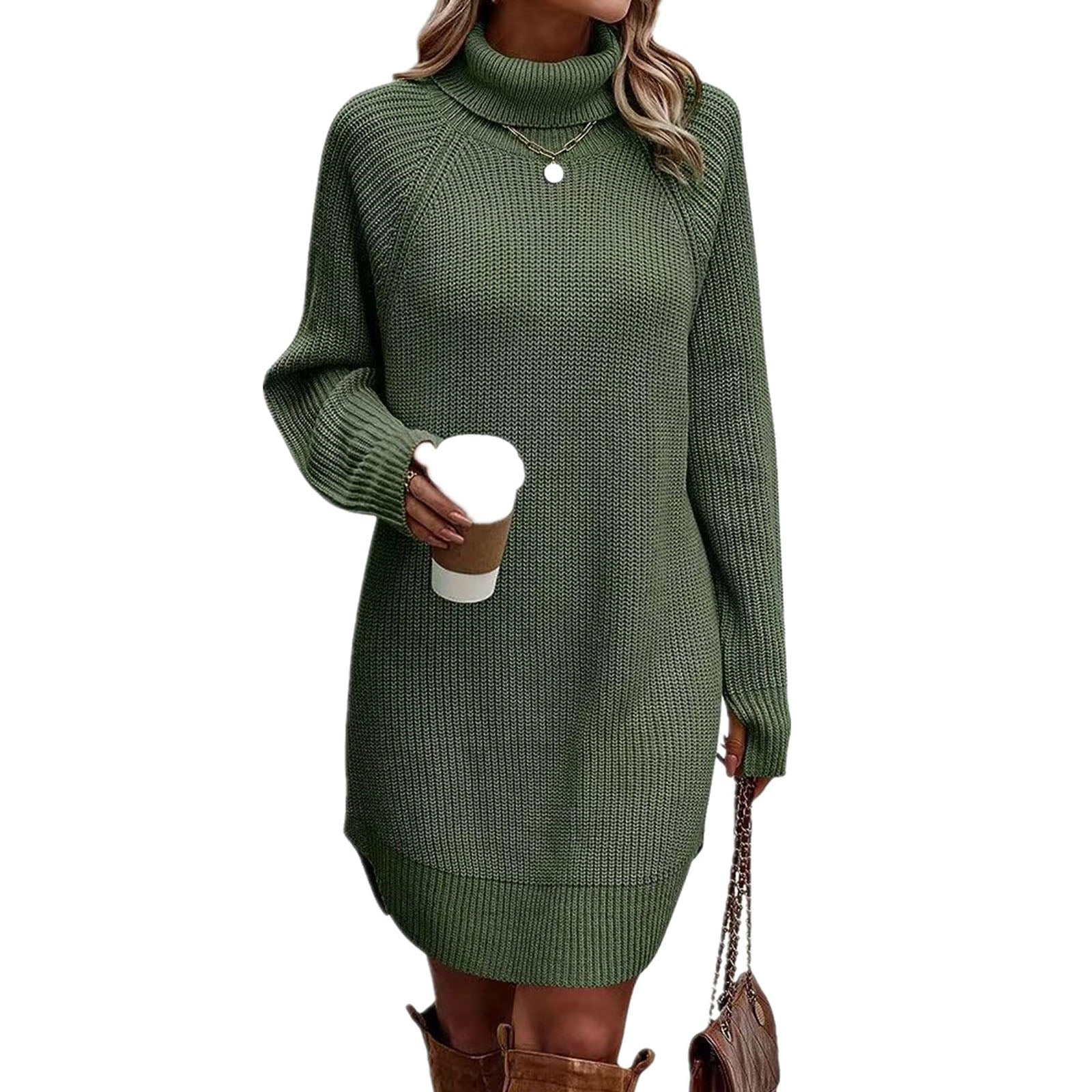 thanksgiving outfit JazzHer Women s Fall Mini Dress Long Sleeve Turtleneck Solid Color Knitted Dress Casual Sweater Dress