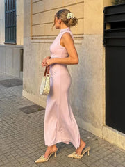 JazzHer Elegant Pleated Long Dresses Women Bodycon Sleeveless Half High Collar Back Split Long Dress 2024 Summer Lady Pink Party Robes