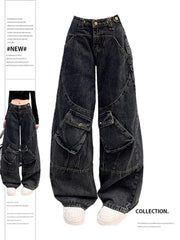 christmas outfit JazzHer Women's Dark Blue Baggy Cargo Jeans Vintage Korean Y2k Denim Trousers Harajuku 90s High Waist Cowboy Pants 2000s Trashy Clothes