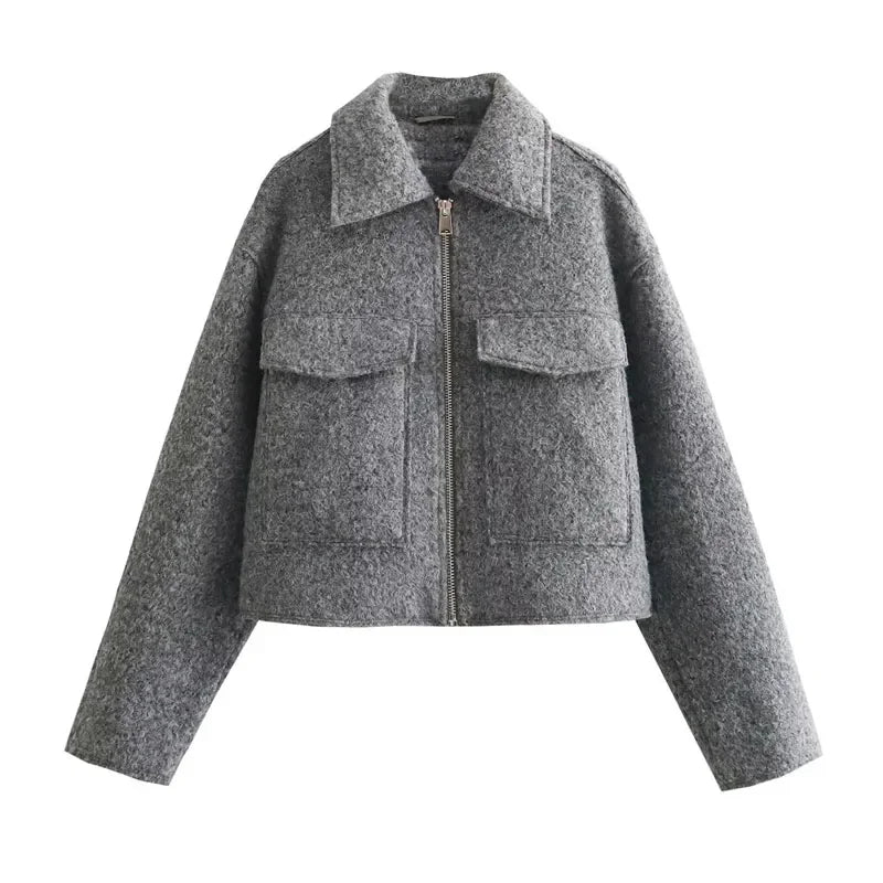 JazzHer Autumn Winter Cropped Jacket for Women Short Coat Tweed Jacket Zip Crop Demi-season Jacket Woman New in outerwears