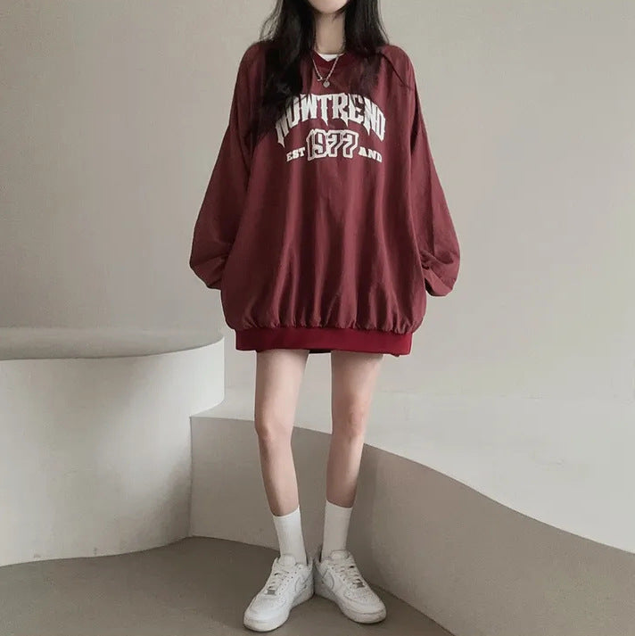 JazzHer Letter Print Oversized Round Neck Sweatshirt