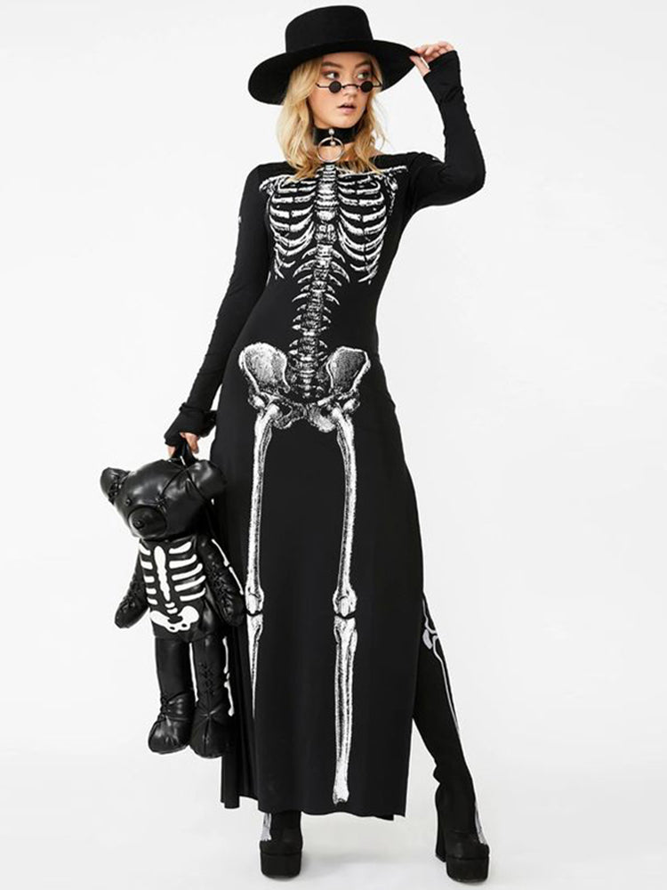 JazzHer Halloween Dark Gothic Dress Women Streetwear Punk Y2k Skull Printed Long Sleeve O-neck Split Midi Dress Cosplay Clubwear