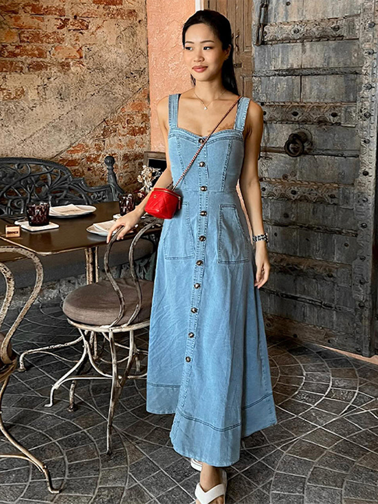 JazzHer Fashion Denim Single Breasted Strap Dress Women V-neck Sleeveless Backless Pocket Spliced  Dresess 2024 Summer Lady Casual Robes