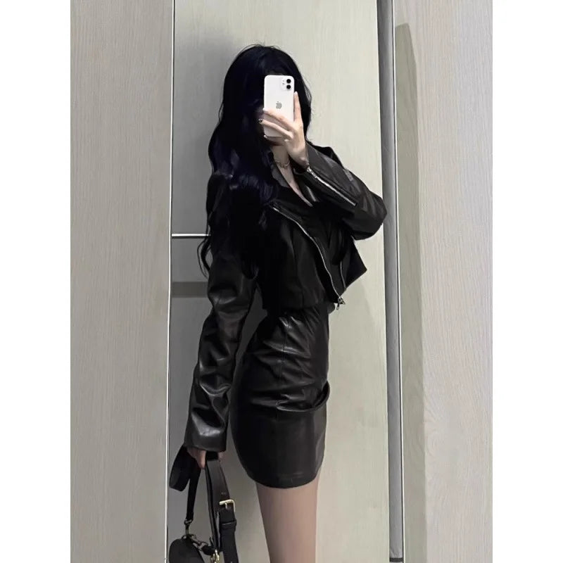 cold weather outfits JazzHer 2024 Spring Autumn New Women's Cropped Leather Jacket Tank Dress Slimming Bodycon Skirt Trendy Fashionable