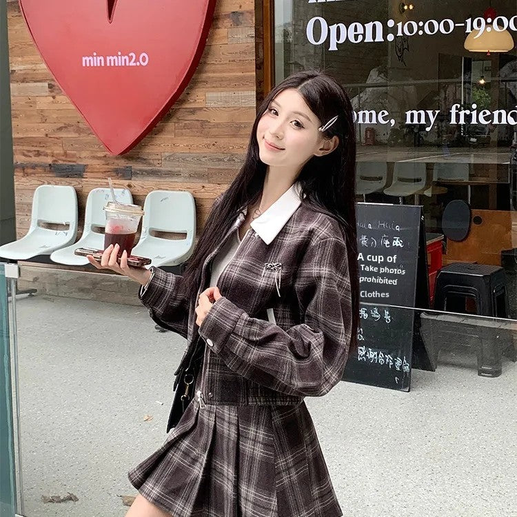 cold weather outfits JazzHer 2024 Autumn New Women's Plaid Jacket And Skirt Set Chic Vintage Simple Style With Leather Belt Fashion Dress Outfit