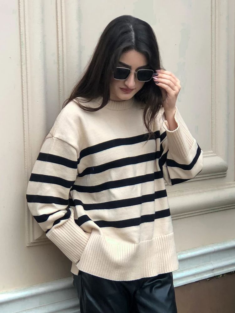 JazzHer Ladies Vintage Autumn Winter Sweater Women Pullovers Oversized Loose Striped Casual Knit Jumper Women Sweaters Tops Female