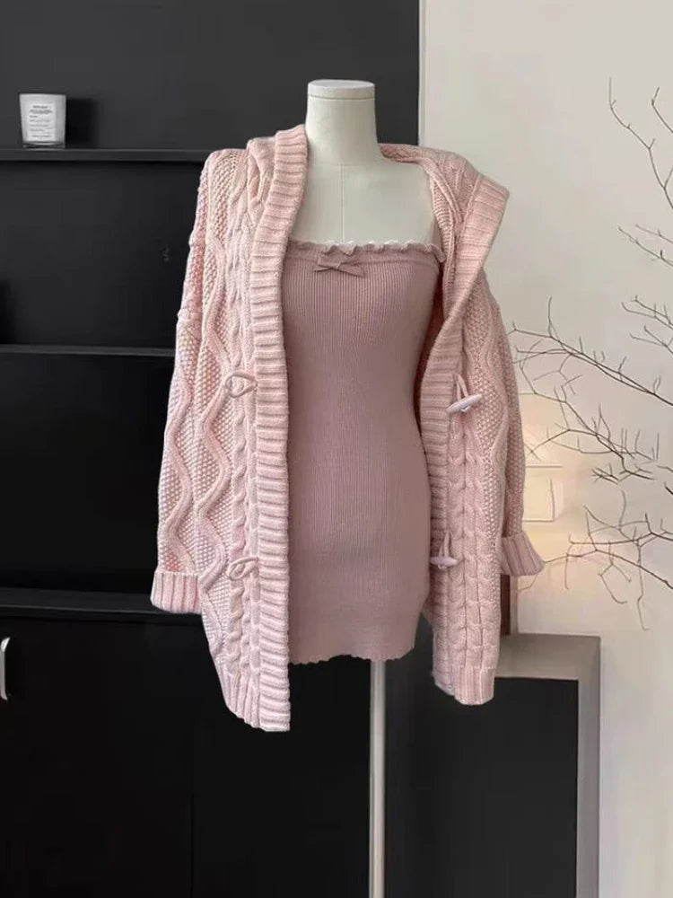 JazzHer 2025 Japanese Sweet Knitted Dress Suits Women Casual Hooded Sweater Cardigan + Y2k Slim Sexy Strap Dress Elegant 2 Piece Set New