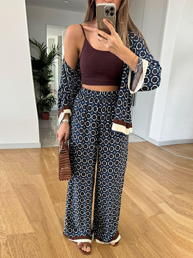 thanksgiving outfit JazzHer Casual Print Shirt Pants Sets Women Lapel Long Sleeve Single Breasted Loose Wide Leg Pant 2024 Summer Autumn Female Streetwear