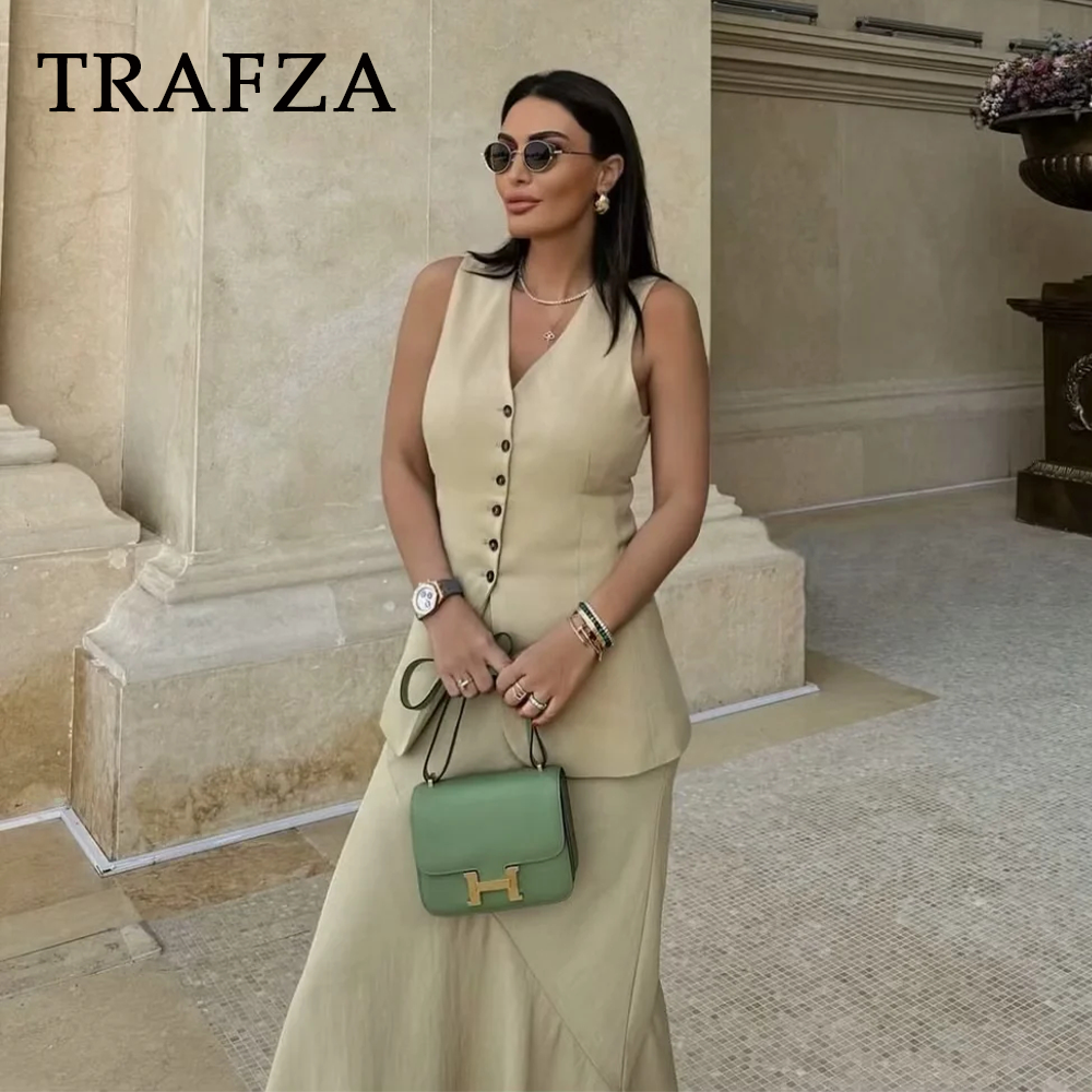 cold weather outfits JazzHer 2024 Spring Summer Casual Women Solid Suits Fashion Vintage V Neck Single Breasted Vests+Chic Elastic Waist Long Skirts