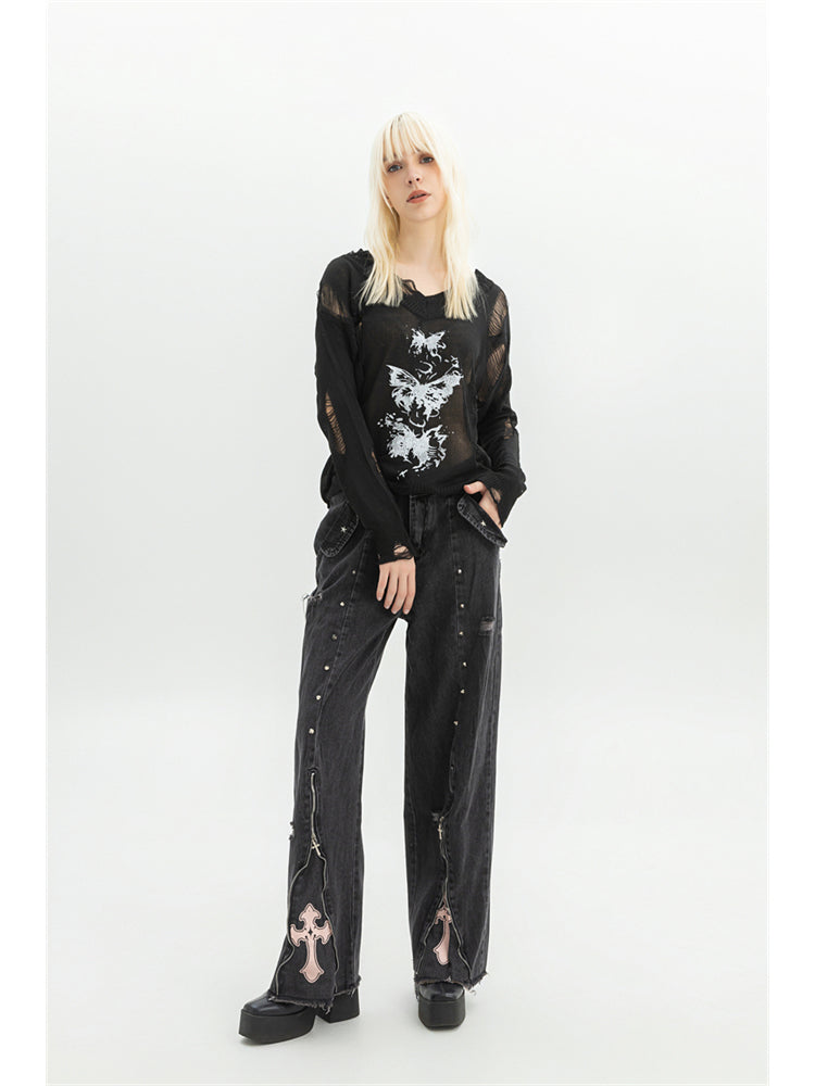 christmas outfit JazzHer Women Clothing Black Gothic Jeans 90s Aesthetic Y2k Oversize Denim Trousers Vintage Harajuku Korean Emo 2000s Trashy Jean Pants