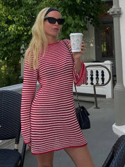 thanksgiving outfit JazzHer Striped Knit Short Dress For Women Casual O Neck Long Sleeves Mini Dresses Female 2024 Autumn Fashion Chic Beach Vestidos Lady