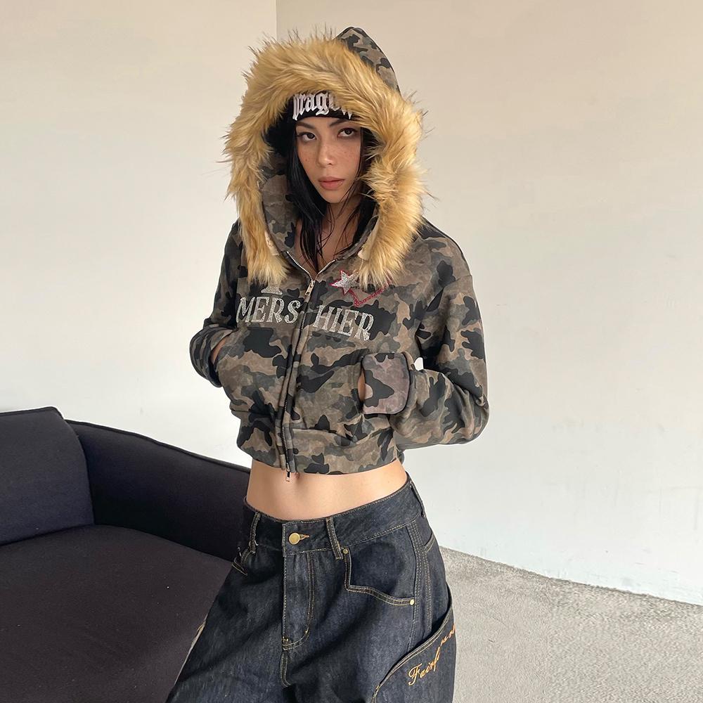 JazzHer Harajuku Zip Up Hoodie camouflage Long Sleeves Tops American Vintage Hoody Harajuku Kpop Punk Coats Top Women Y2k Grunge Hoodies