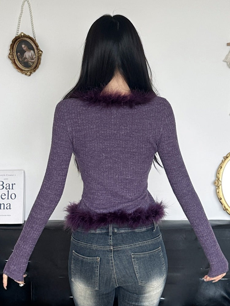 JazzHer Aesthetic Streetwear Hotsweet Sweater Women Y2k E-girl Pastel Goth Fur Patchwork Long Sleeve V-neck Knitted Tops Female