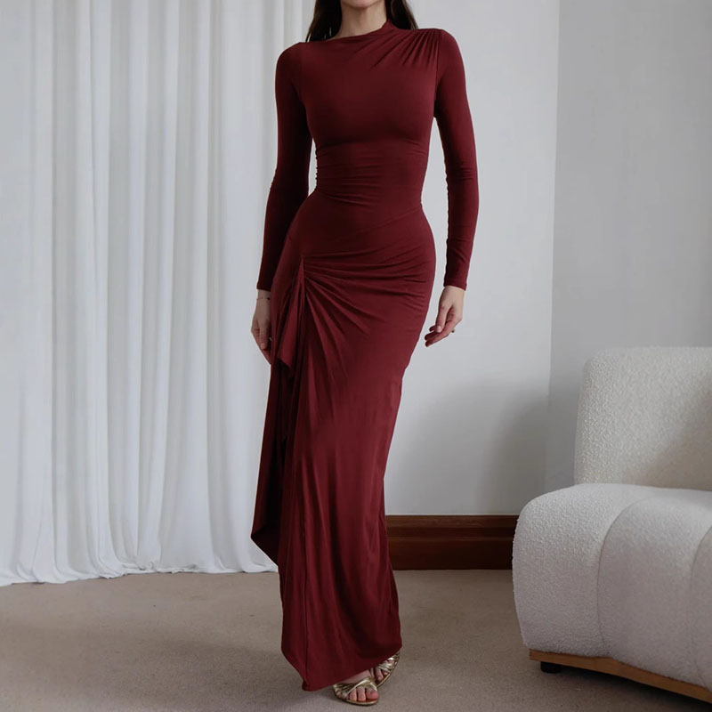 JazzHer Elegant Ruched Long Party Dress Women Bodycon O-neck Full Sleeve Package Hip Female Dresses 2024 Autumn Lady Sexy Wine Red Robes