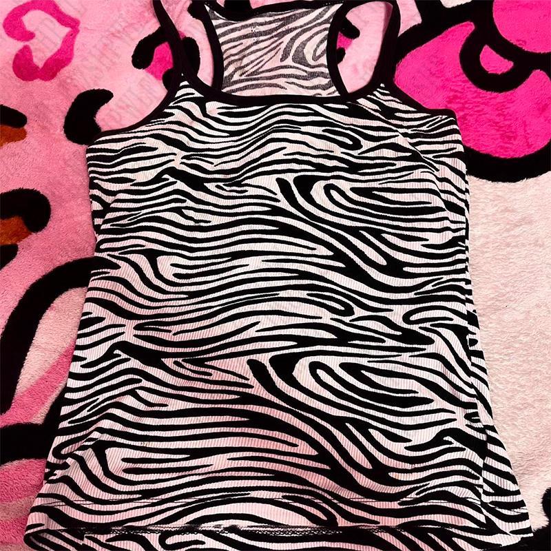 JazzHer Woman Y2K Zebra-stripe Printing emo Aesthetic Halter tops Sling Streetwear Harajuku Punk Vintage Pant Chic Goth 90s Rock Singlet