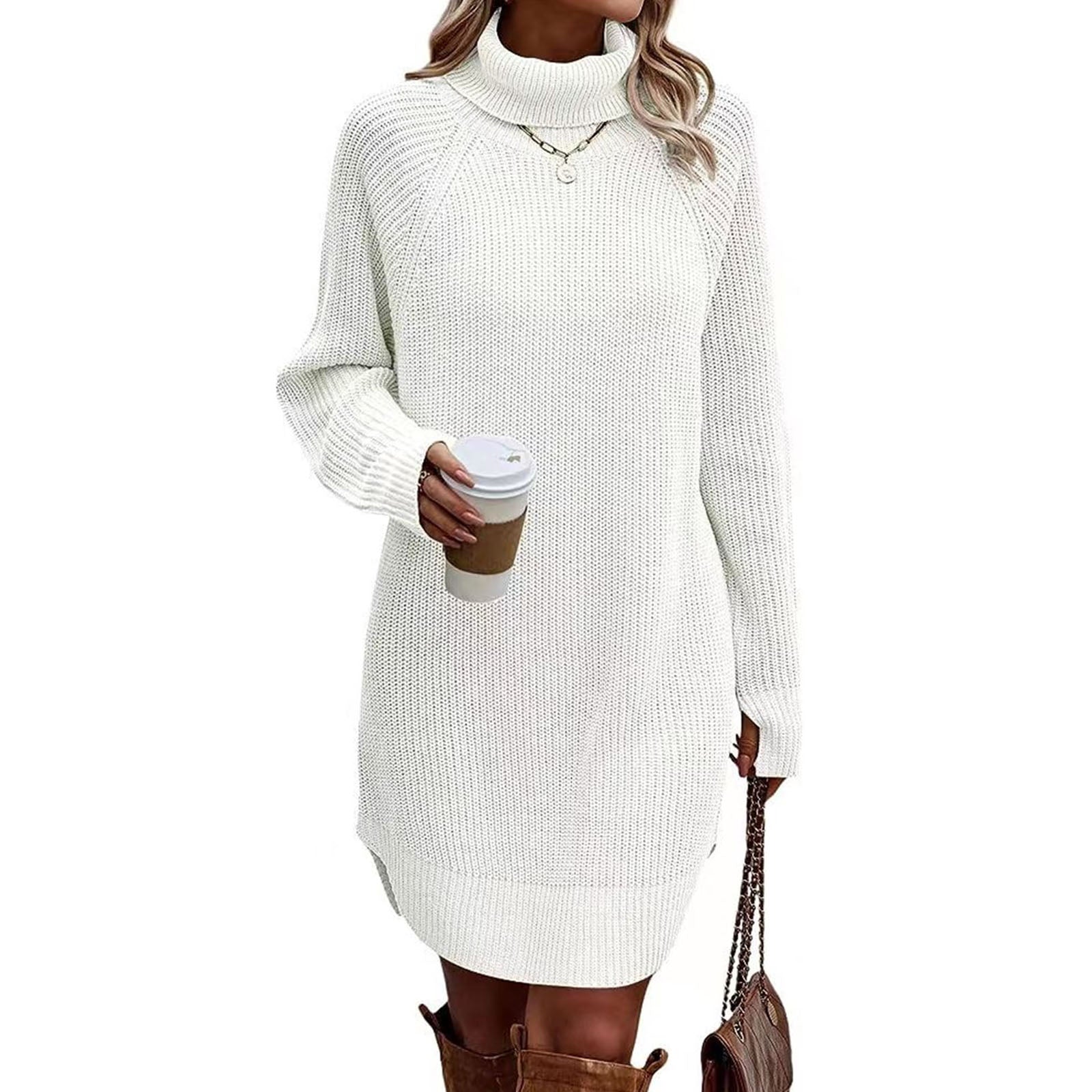 thanksgiving outfit JazzHer Women s Fall Mini Dress Long Sleeve Turtleneck Solid Color Knitted Dress Casual Sweater Dress