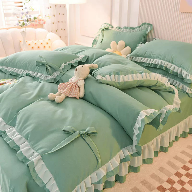 JazzHer Green Bedding Sets Kawaii Seersucker Bed Sheet Pillowcase Fashion Girl Princess Duvet Cover 4 Pieces Cute Home Decoration