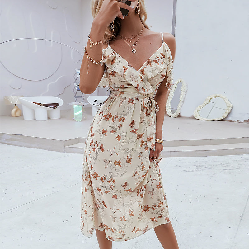 JazzHer Off Shoulder Floral Print Summer Dress