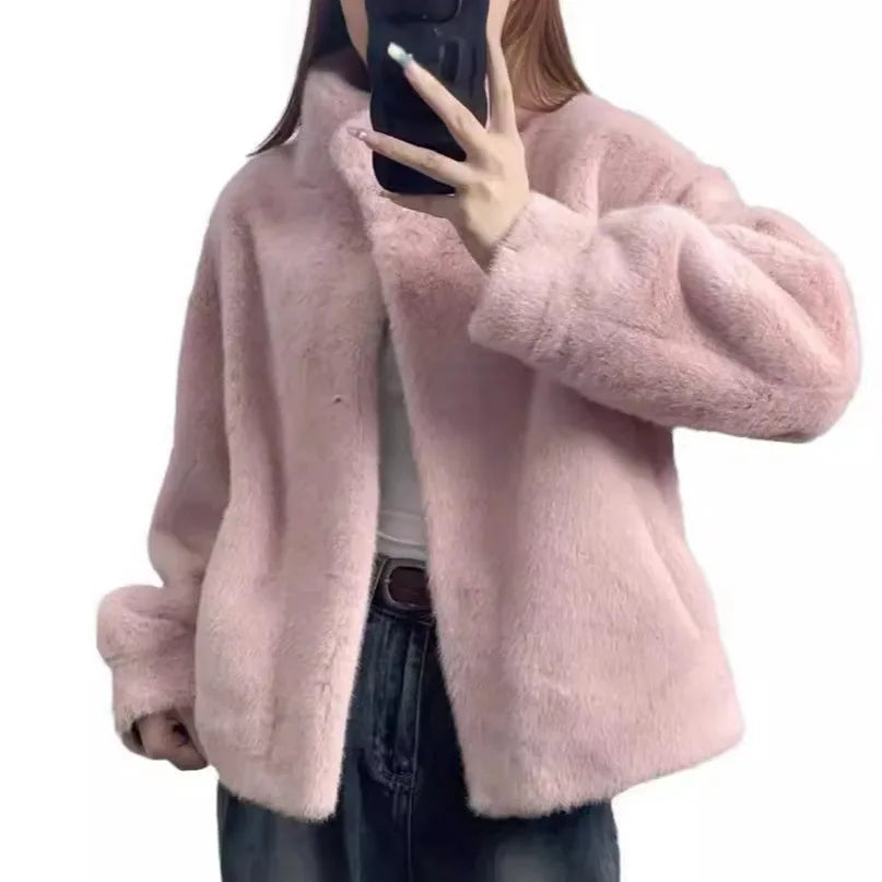 cold weather outfits JazzHer Borderless Faux Fox Fur Velvet Stand Collar Cropped Women's Jacket New Arrival Chinese Mainland Origin True Leather Fur