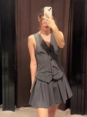 JazzHer Stripe V Neck Women  Mini Vest Dresses Vintage Single Breasted Sleeveless Patchwork Lady Dress 2025 Chic Pleated Female Vestidos