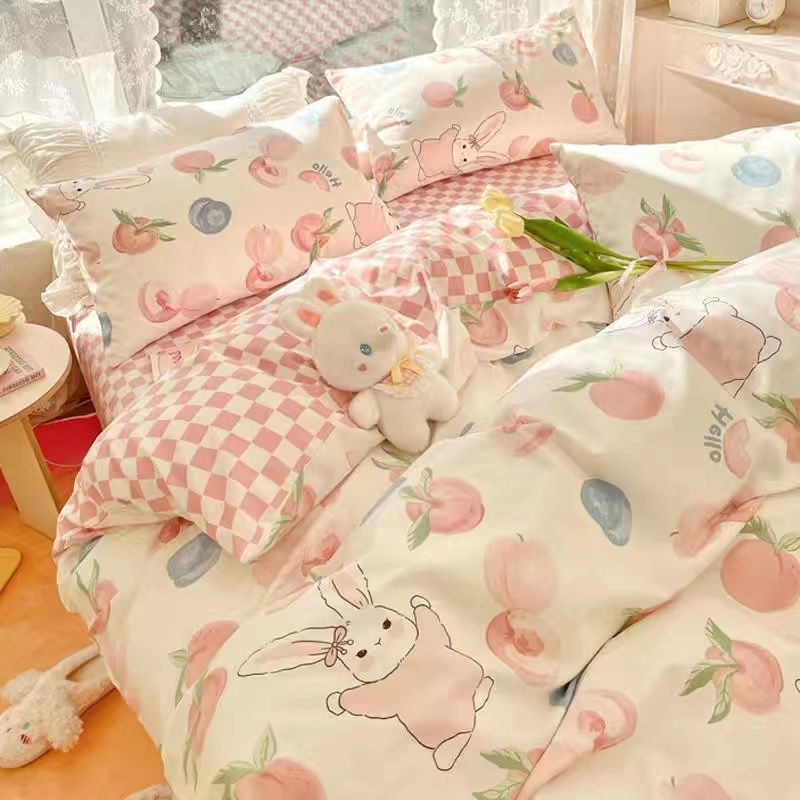 JazzHer Korean Style Cartoon Sheep Bedding Set Girls Kids Twin Full Queen Size Bed Flat Sheet Duvet Cover Pillowcases Bed Linen Kawaii