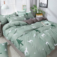 JazzHer Christmas Bedding Set Flat Sheet Duvet Cover Pillowcase Combination Green Tree Flower Home Textile Bed Linen Fashion