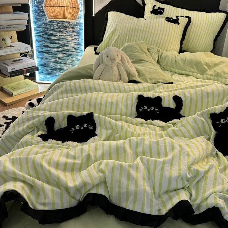 JazzHer Pink Striped Cat Embroidery Bedding Set Korean Style Washing Cotton Cute Cardboard Duvet Cover Bed Sheet Pillowcases 3/4pcs