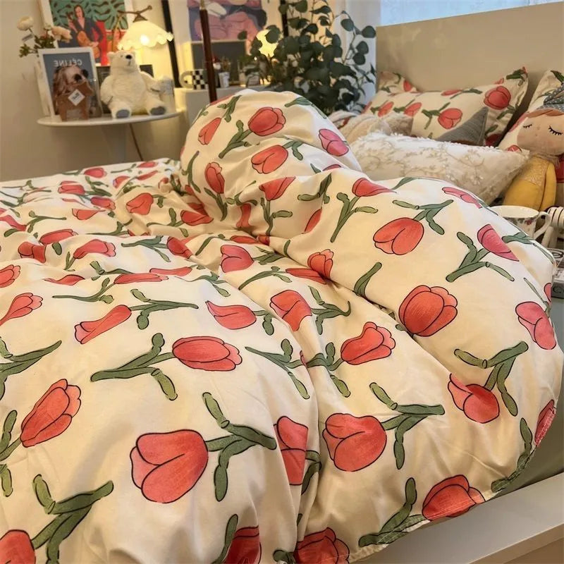 JazzHer Ins Style Bedding Set Fashion Solid Color Washable Duvet Cover Without Comforter Pillowcases Sheet for Student Soft Home Textile