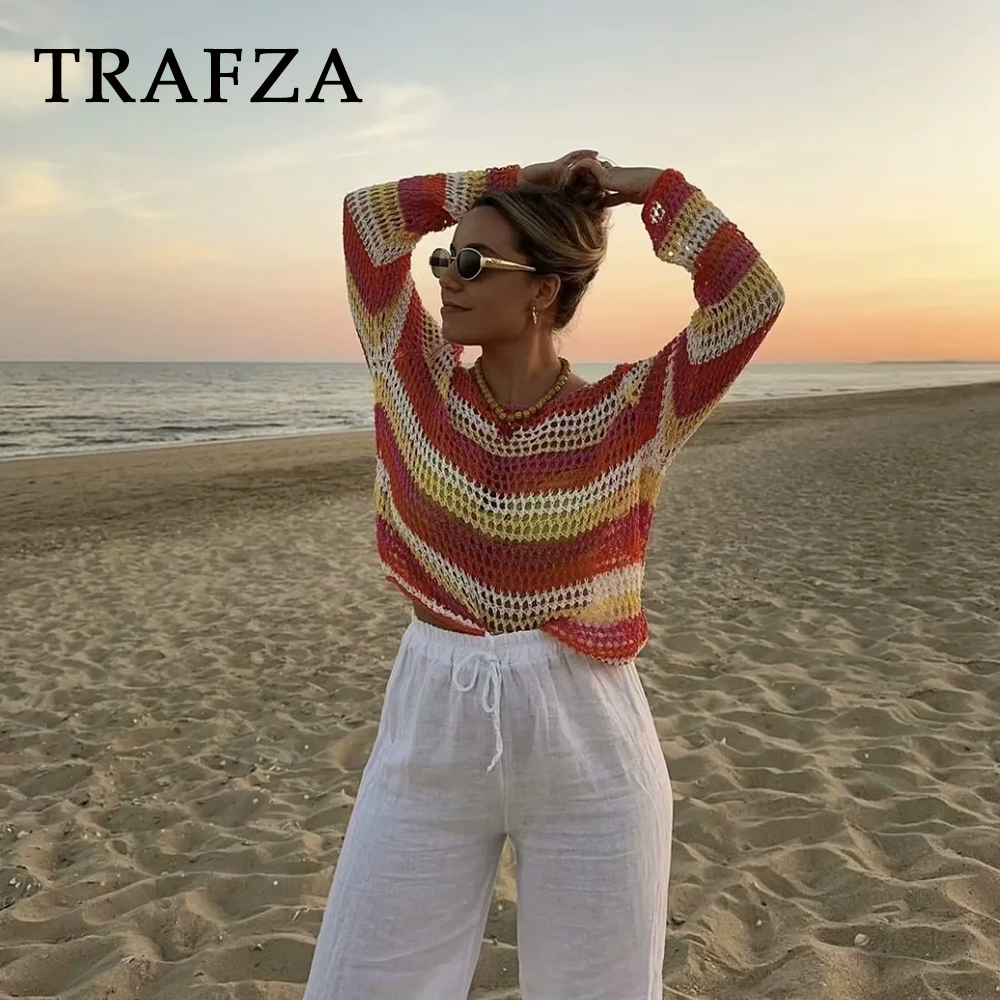 cold weather outfits JazzHer 2024 Spring Summer Casual Patchwork Women Sweaters Fashion Streetwear O Neck Crochet Striped Chic Ladies Loose Sweaters