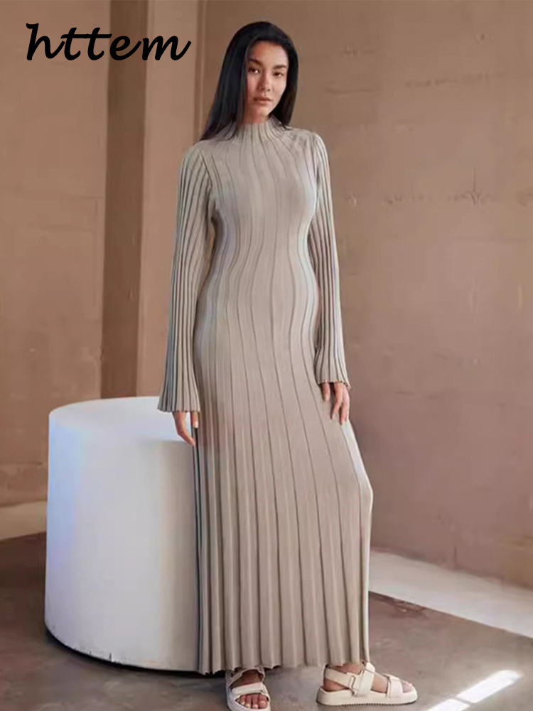 JazzHer Elegant Knit Ribbed Long Dress Women Solid Half High Collar Flare Sleeve Pleated Party Dresses 2024 Autumn Lady Straight Gown