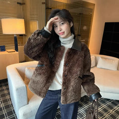 cold weather outfits JazzHer Elegant Korean Style Loose-Fit Slimming Color Blocking Lapel Tweed Short Jacket Faux Leather One-Piece Design For Spring