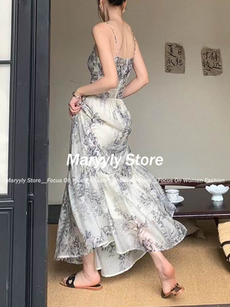 JazzHer Summer Vintage Floral Beach Long Dresses Women Elegant Spaghetti Strap Party Prom Robe Female A-line Chiffon V-neck Clothes chic