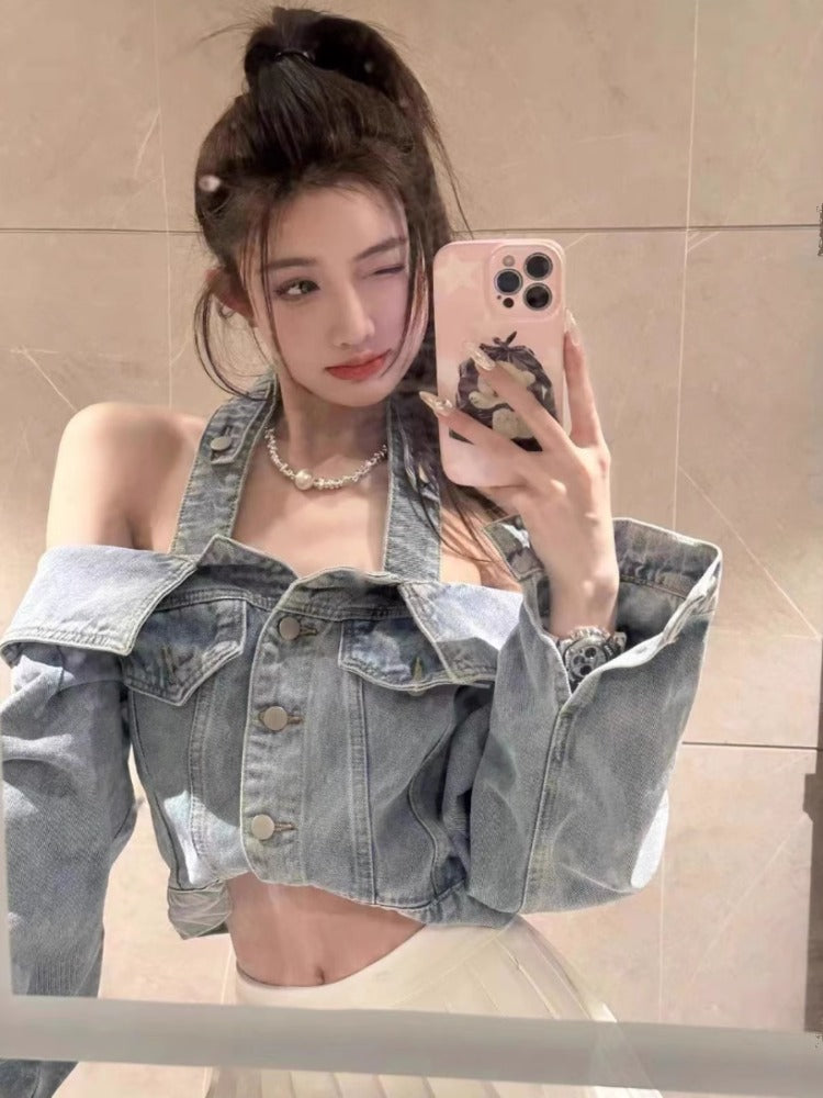 JazzHer Harajuku Denim Jackets Women Clothing Streetwear Chic Sexy Outwear Crop Tops Off Shoulder Casual Backless Y2k Coats Ropa Mujer