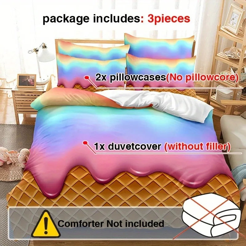 JazzHer 3pcs Vibrant Rainbow Ice Cream Wafer Cone Duvet Cover Set - Soft, Breathable, and Comfortable Bedding for Bedroom, Dormitory