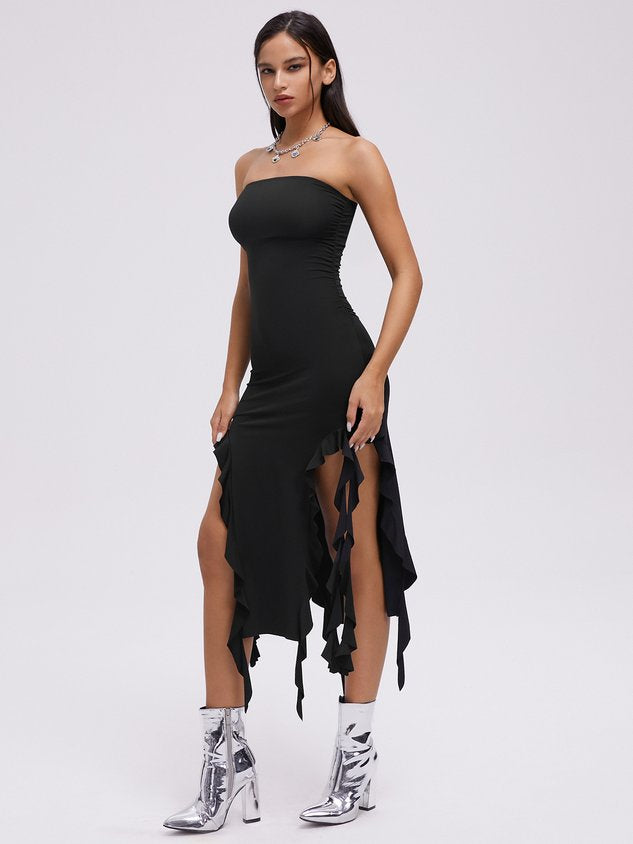 JazzHer 2024 New Y2k Balletcore Black Ruffles Tube Dress Midi Dress