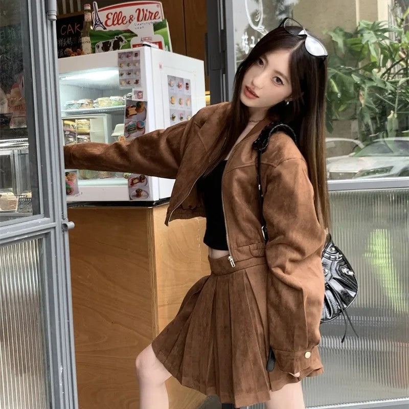 cold weather outfits JazzHer 2024 Autumn New Sensibility Maillard Brown Vintage Leather Jacket With Pleated Skirt Set Women Fashion Dress Set