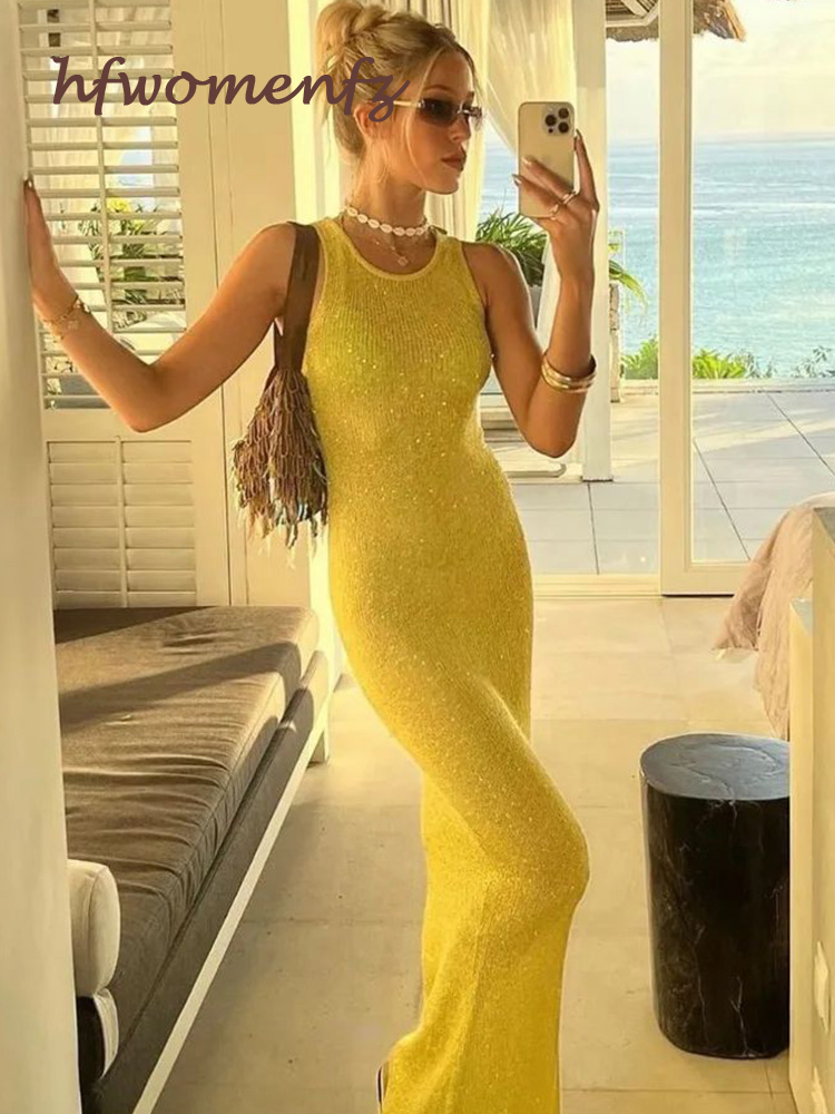 JazzHer Sexy Sequin See-Through Long Dress Women Slim Square Collar Sleeveless Backless Hip Package Dresses 2024 Summer Lady Party Robes