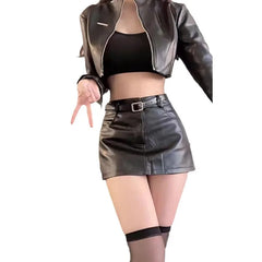 cold weather outfits JazzHer Women's Autumn/Winter New Vintage Biker Shorts Jacket Leather Clothes High-Waisted Versatile Skirt Dress Set