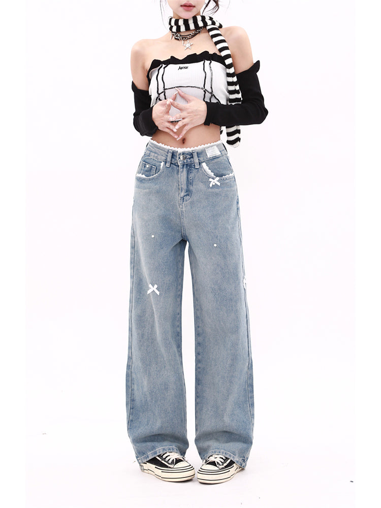 christmas outfit JazzHer Women's Y2k Baggy Bow Jeans Harajuku Oversize Denim Trousers Streetwear Vintage Japanese 2000s Style Jean Pants Trashy Clothes