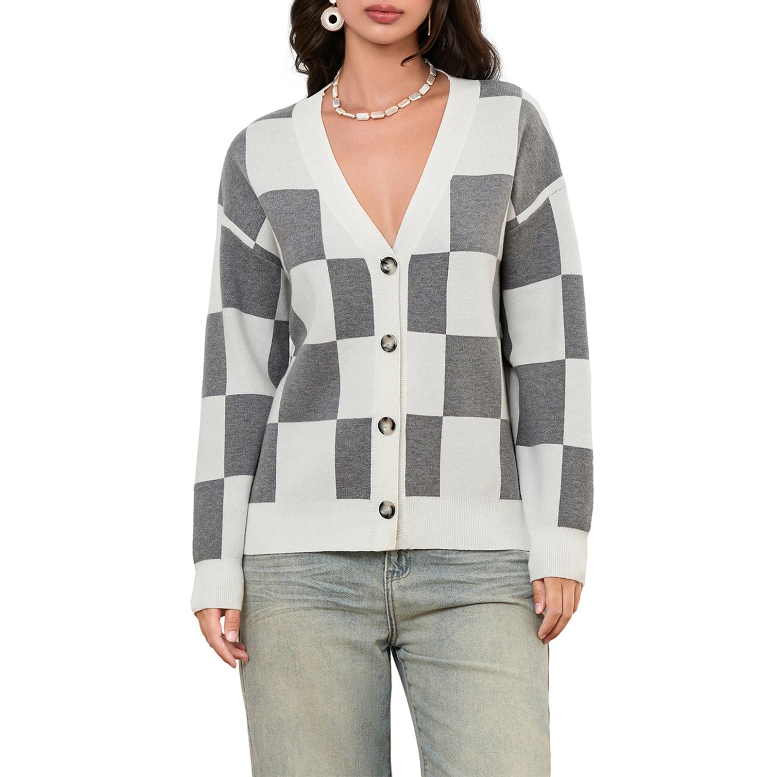 thanksgiving outfit JazzHer Women's Autumn Winter Knit Cardigan Long Sleeve V Neck Checkerboard Print Knitwear Sweater