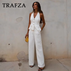 cold weather outfits JazzHer 2024 Spring Summer Casual Women Solid Suits Fashion V Neck Halter Single Breasted Vests+Chic High Waist Wide Leg Pants