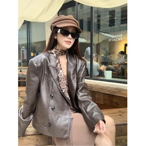 cold weather outfits JazzHer Elegant Vintage Suit Women's Early Autumn Long Sleeve Leather Jacket 2-Piece Set Irregular Drawstring Dress From China Mainland