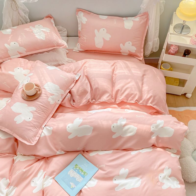 JazzHer Princess Style Bedding Set Girls Twin Queen Full Size Duvet Cover Set Bed Flat Sheet Pillowcase Kids Adult Pink Letter Bed Linen