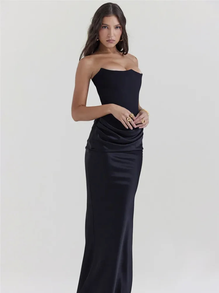 thanksgiving outfit JazzHer Strapless Party Dress For Women Sexy Backless Slim Elegant Gown Wrinkle Patchwork Long Dresses Black Female Club Evening Robes